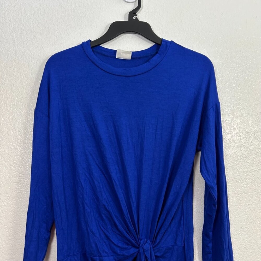 Gold Spark Knot Front Long Sleeve Midi T-Shirt Dress Jersey Knit Stretch Cobalt - Picture 2 of 7